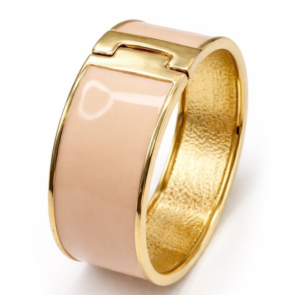 Vintage Gold Clic H Clasp Wide Enamel Bangle Bracelet Peach Pink  Hinged Cuff